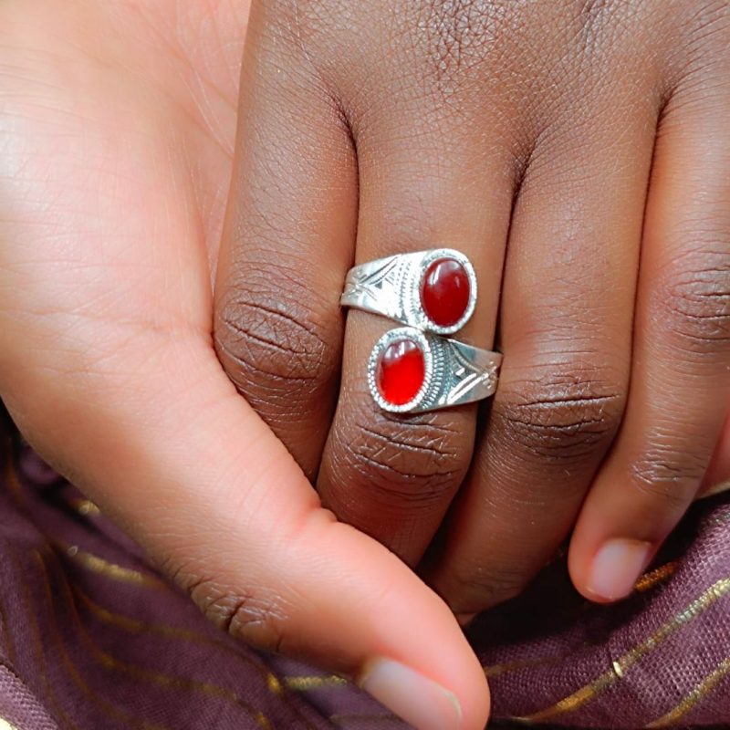 Bague touareg duo pierre d'agate rouge